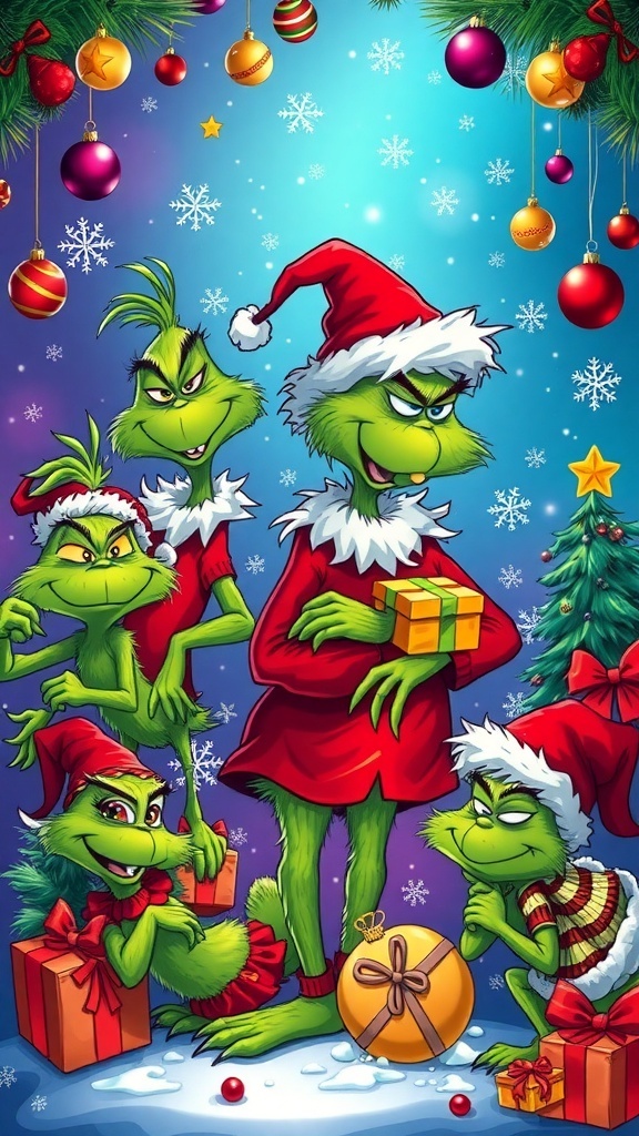 Grinch-themed Christmas laptop wallpaper with festive decorations.